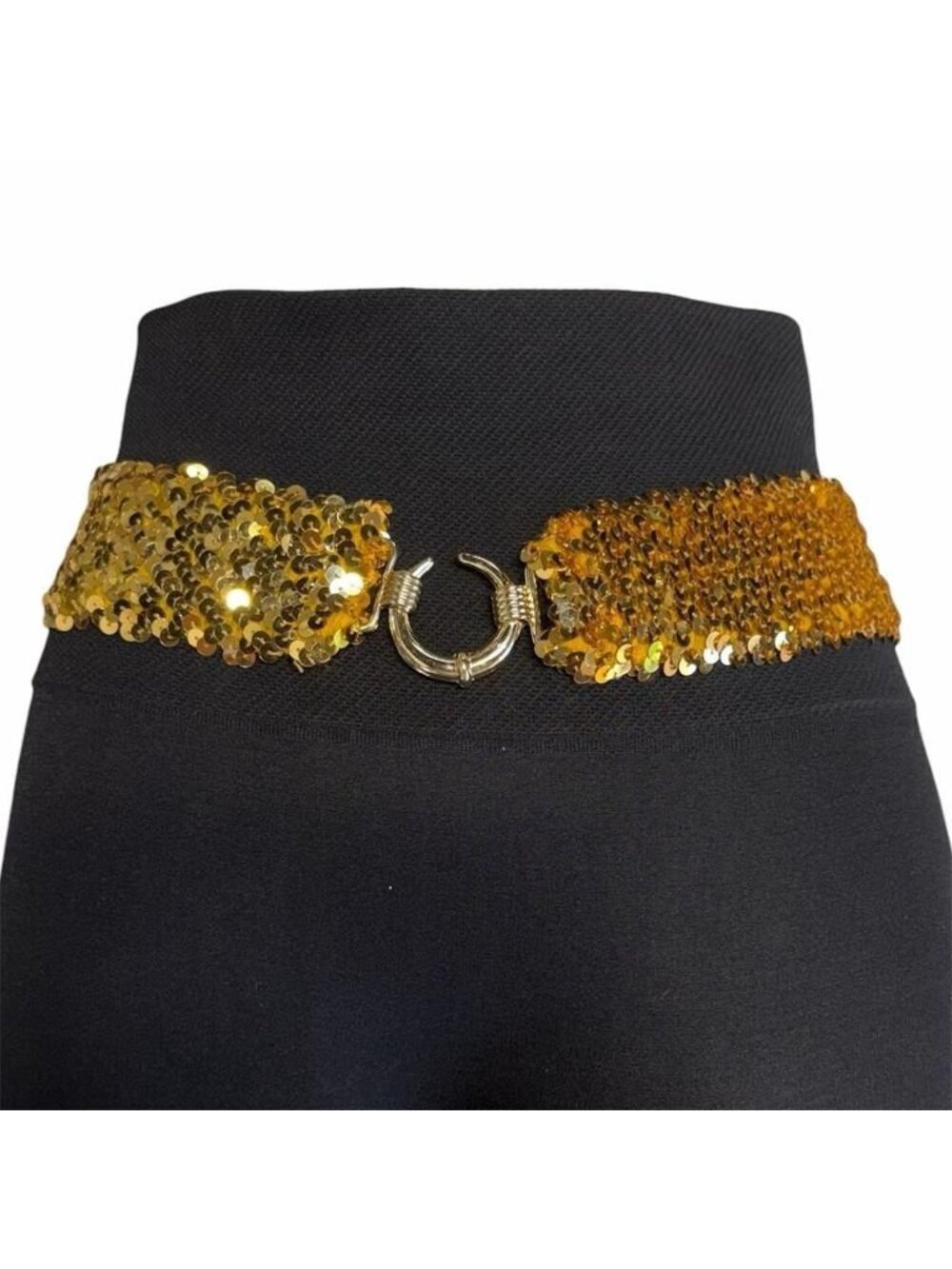 Vintage 80's Gold Sequin Statement Belt Women Medium Elastic Disco Glam Festival